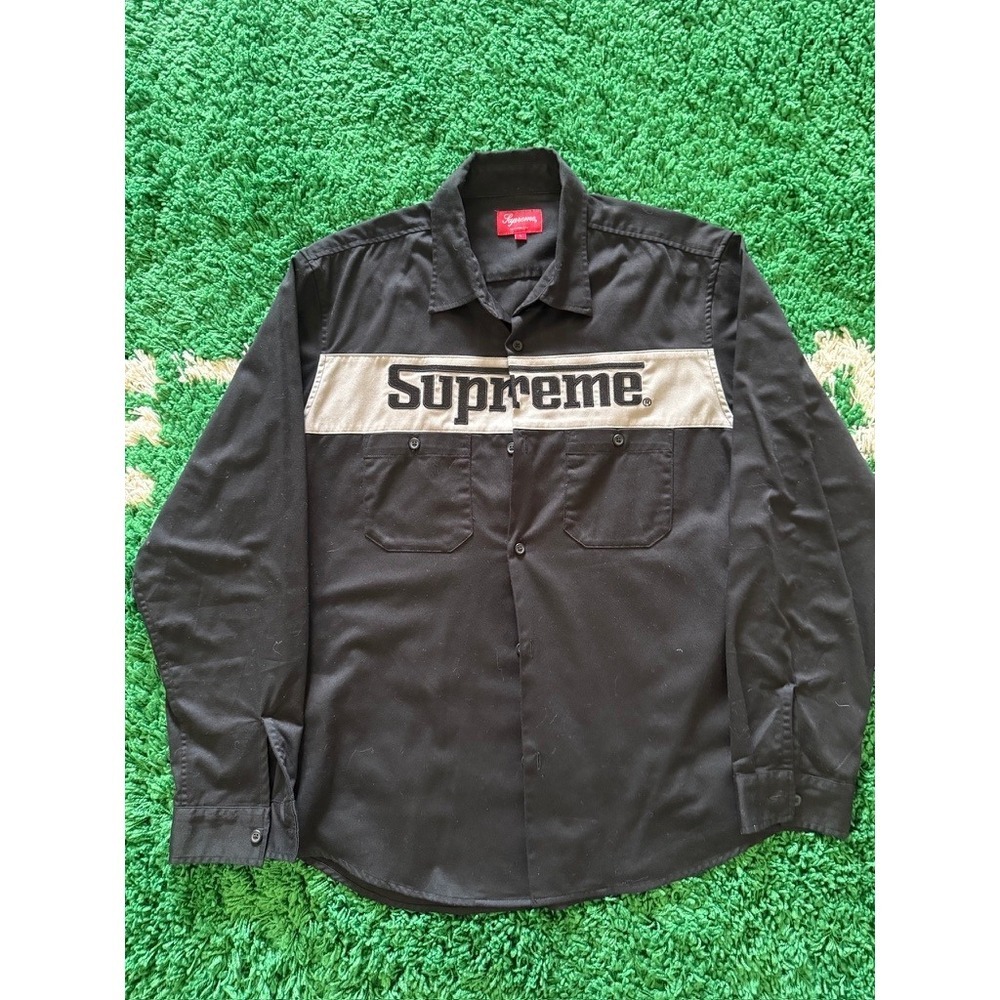 Supreme Black Long Sleeve Work Shirt Men's Size Large Chest Logo Two Pocket - Picture 1 of 6